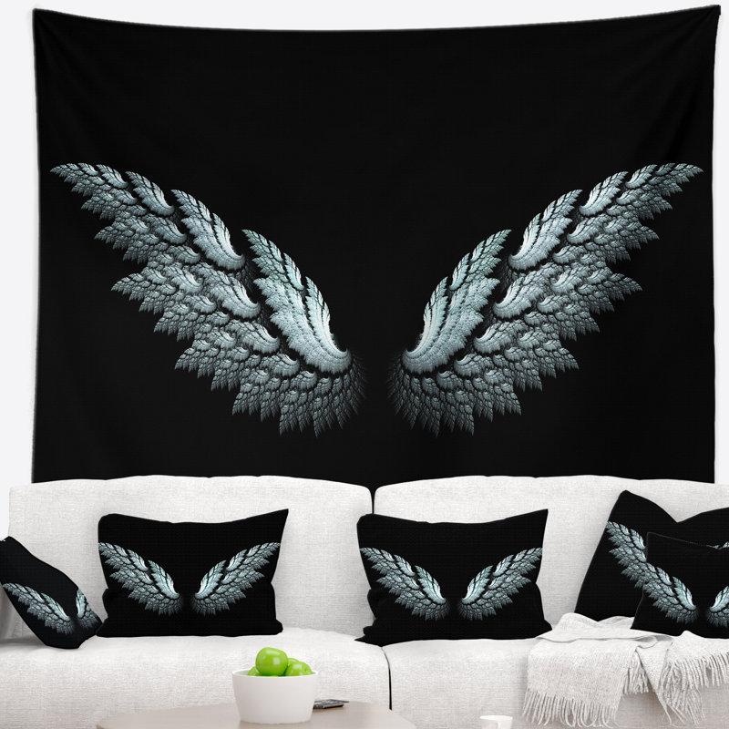 Tapisserie à ailes abstraites ange sur fond noir, H 32 po x l 39 po