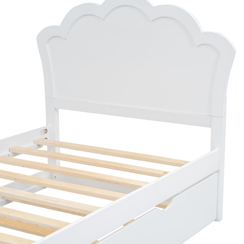 Lit simple en bois blanc avec tête de lit et lit gigogne pratique, Lit simple