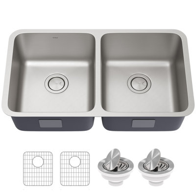 Dex™️ Series KRAUS 33" L Undermount 16 Gauge Stainless Steel Double Bowl Kitchen Sink