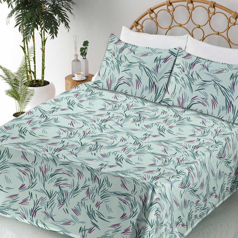 Ambesonne Abstract Sheet Set Minimal Swirly Dash Lines Mint Green and Cadet Blue, Calking Sheet Set with 2 Pillowcases