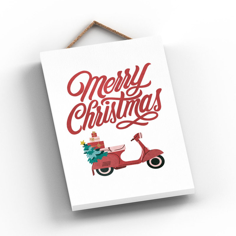 Xmas Merry Christmas Scooter Wooden Plaque, 18.5cm H x 12cm W x 0.9cm D