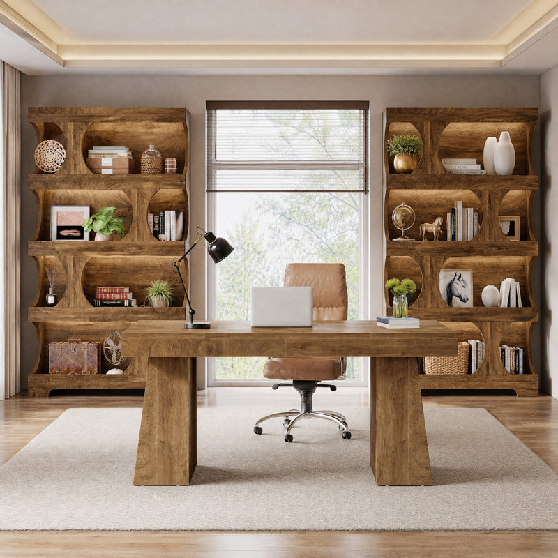 Ensemble de mobilier de bureau 3 pièces, bureau de direction moderne 55 po et bibliothèques ouvertes uniques 71 po, Brown
