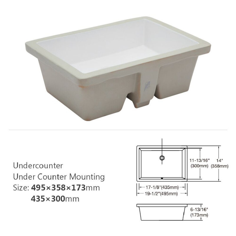 Lavabo de salle de bain rectangulaire en céramique avec trou de trop-plein 19,5 "x 14" encastrable