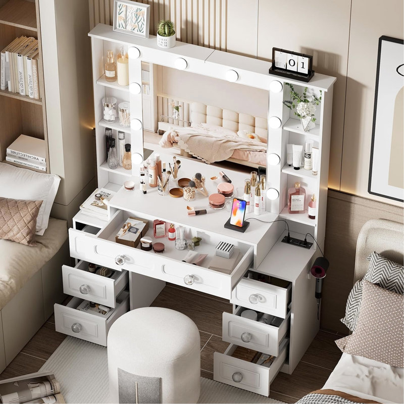 Dressing Table, Lights, Mirror, Drawers, Ports, Brightness Control, Hair Dryer Holder, Bedroom Vanity Desk, Glass Top, Stool, Charging