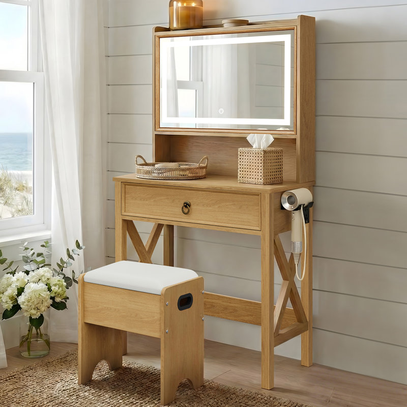 Bureau de coiffeuse Farmhouse avec miroir lumineux et centre de charge, Brun rustique