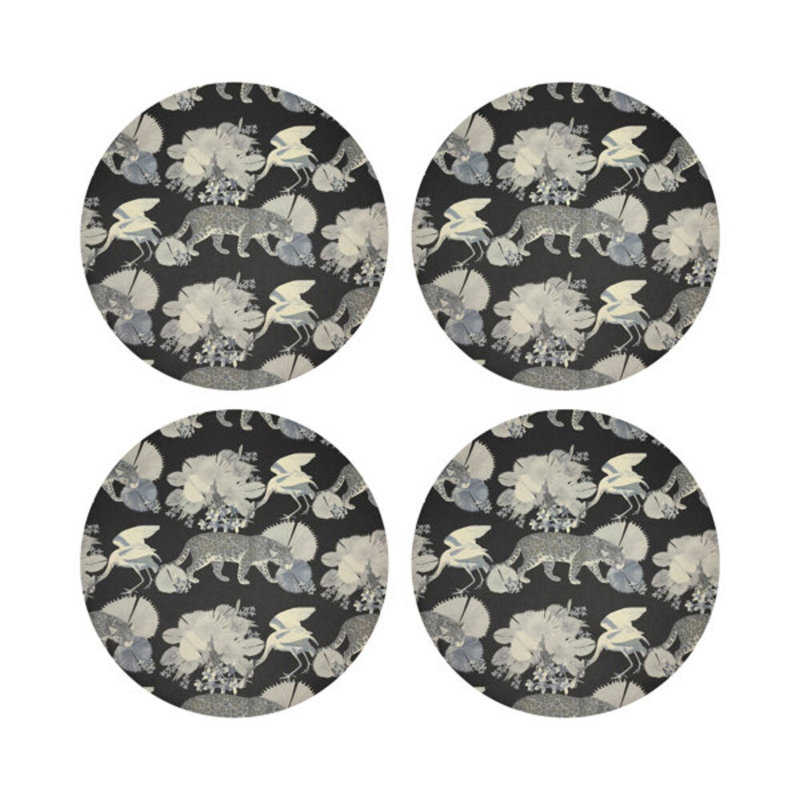 Leopard Walk Powder Vegan Leather Round Coasters, Black