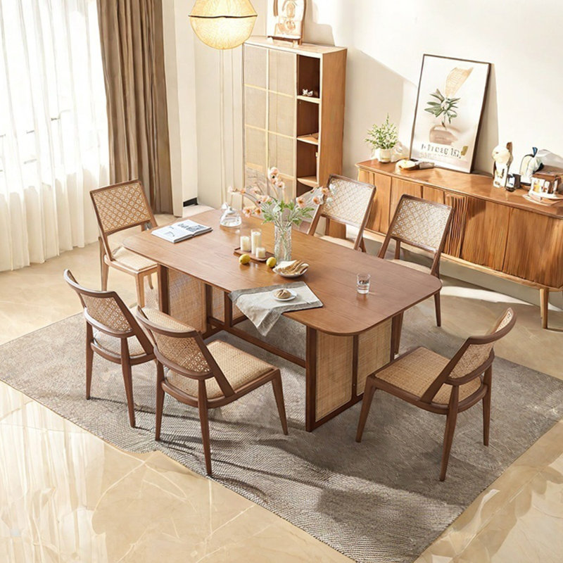 Ensemble de table de salle à manger en rotin et bois massif, 7