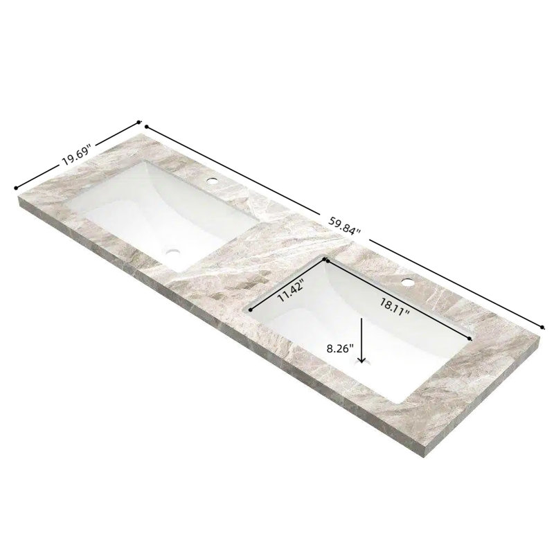 Lavabo de salle de bain encastré en céramique 60 po avec comptoir en pierre frittée gris. Pas d'armoire, de robinet ou de couvercle. Marbre artificiel blanc avec vagues, bord incurvé luxueux, eau