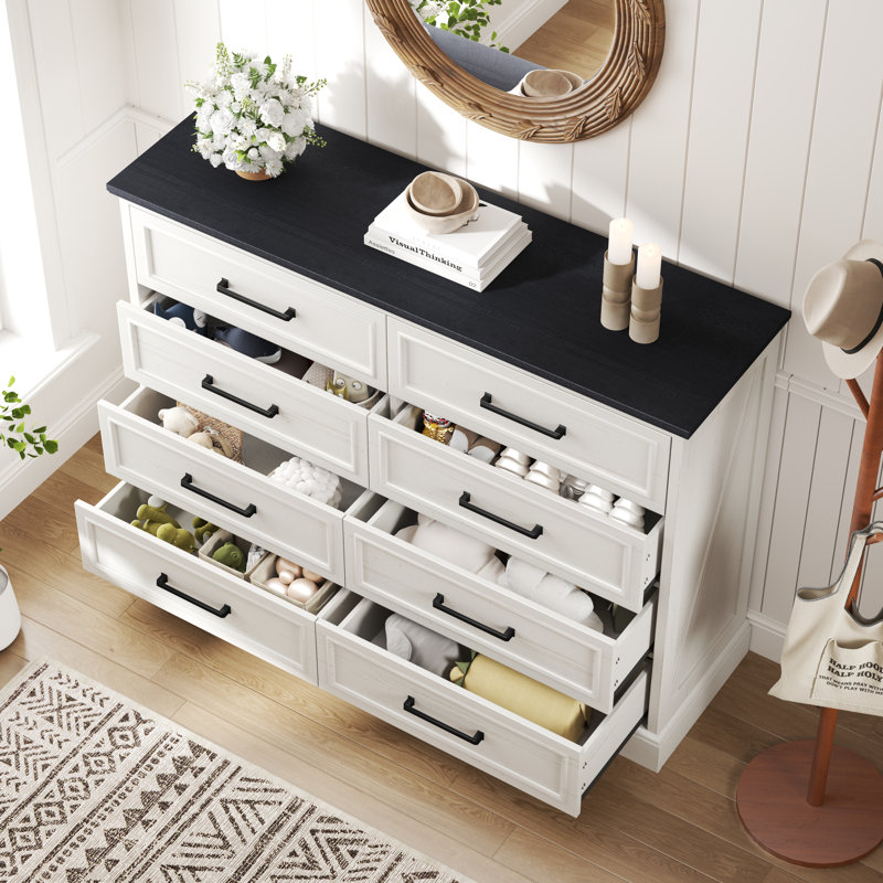Commode 8 tiroirs Farmhouse pour chambre à coucher, commode rustique en bois de 52 po de largeur avec poignée en métal, texture naturelle