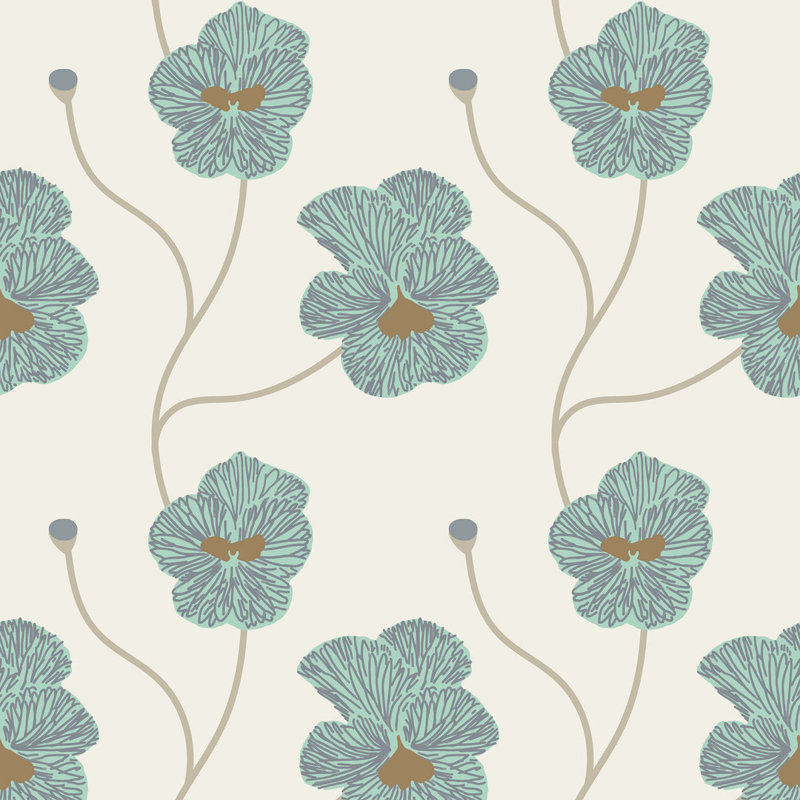 Natalie Papier Floral Wallpaper Roll, Teal/Gray, Faux Grasscloth