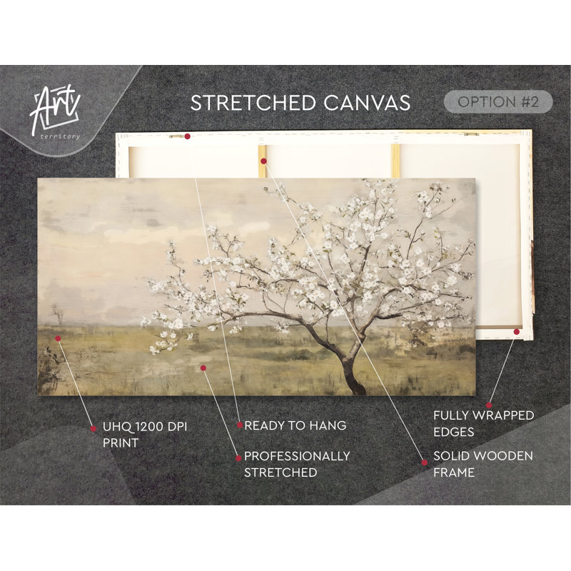 Arbre printanier en fleurs - Toile tendue prête à accrocher, H 16 po x l 32 po x P 1,5 po