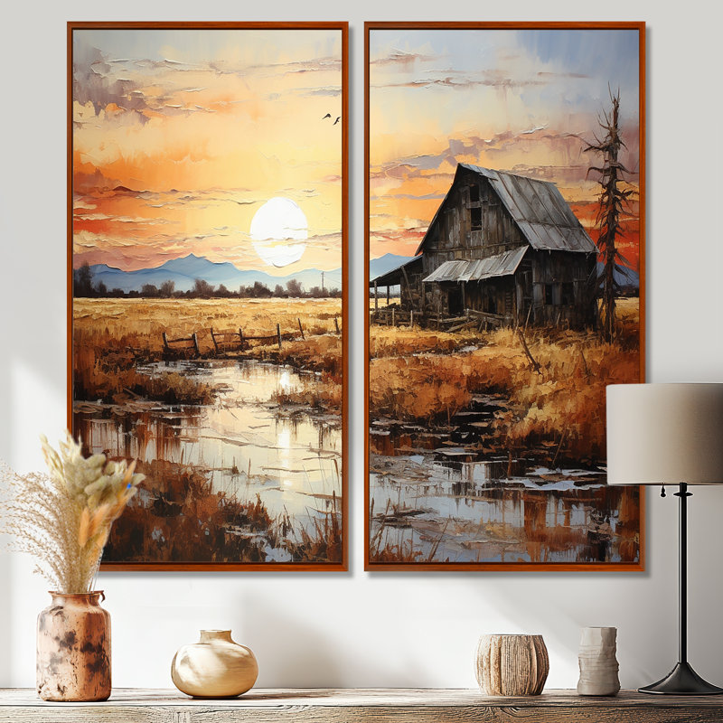 Paysage de grange au crépuscule I - art mural traditionnel, 20" H x 24" W, Impression encadrée flottante, Brown