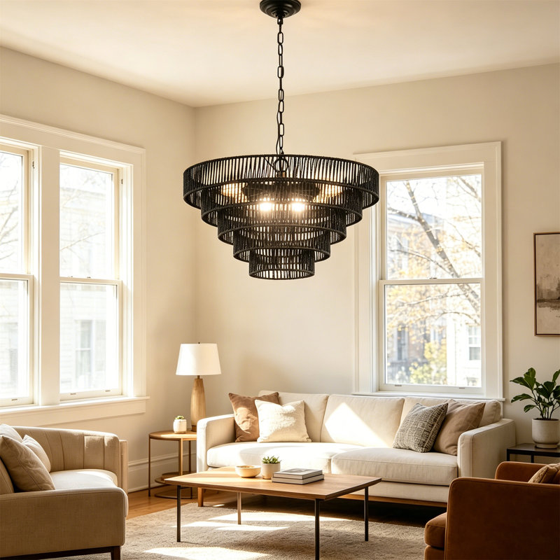 Luminaire suspendu noir en chanvre noir, 8 Lights