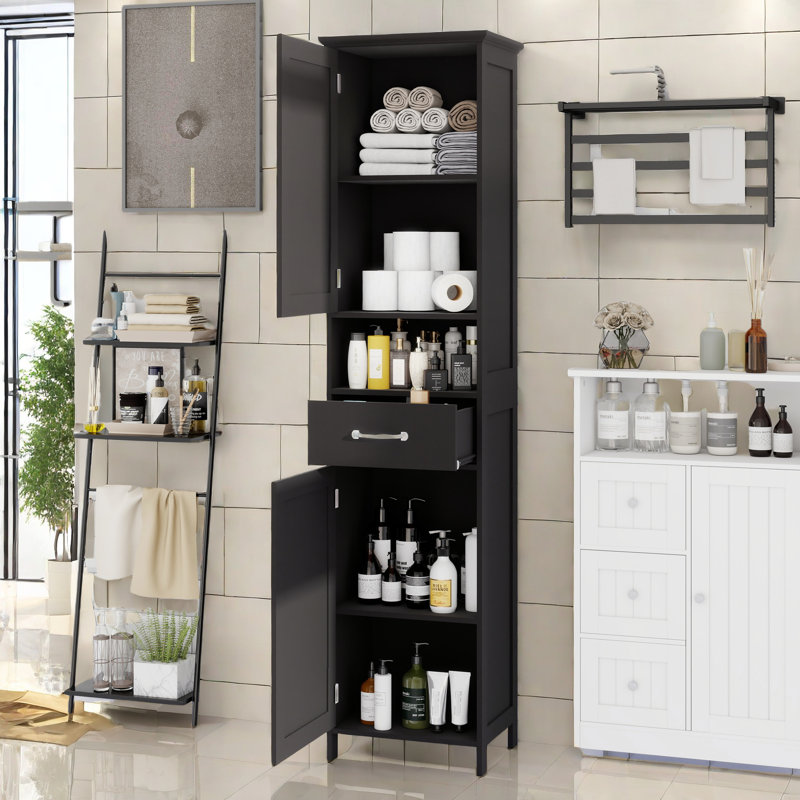 Armoire sur pied étroite Yeraldo, Noir, noir, noir, noir
