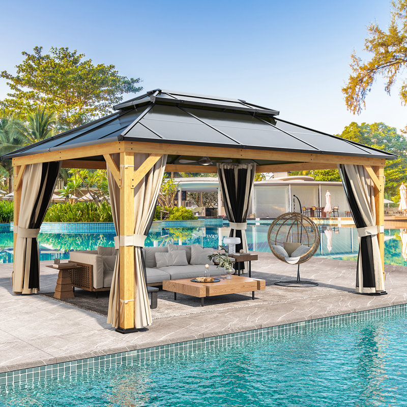 16 Ft. W X 12 Ft. D Solid Wood Hardtop Gazebo, Permanent Pavilion with Curtains and Netting, Outdoor Double Roof Canopy, Designed for Garden, Lawns, Patio