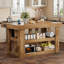 Îlot de cuisine de 55 po avec prises de courant, très grande surface de travail, table d'îlot fixe en bois à 3 niveaux avec tablette de rangement pour la salle à manger de cuisine-1359759846