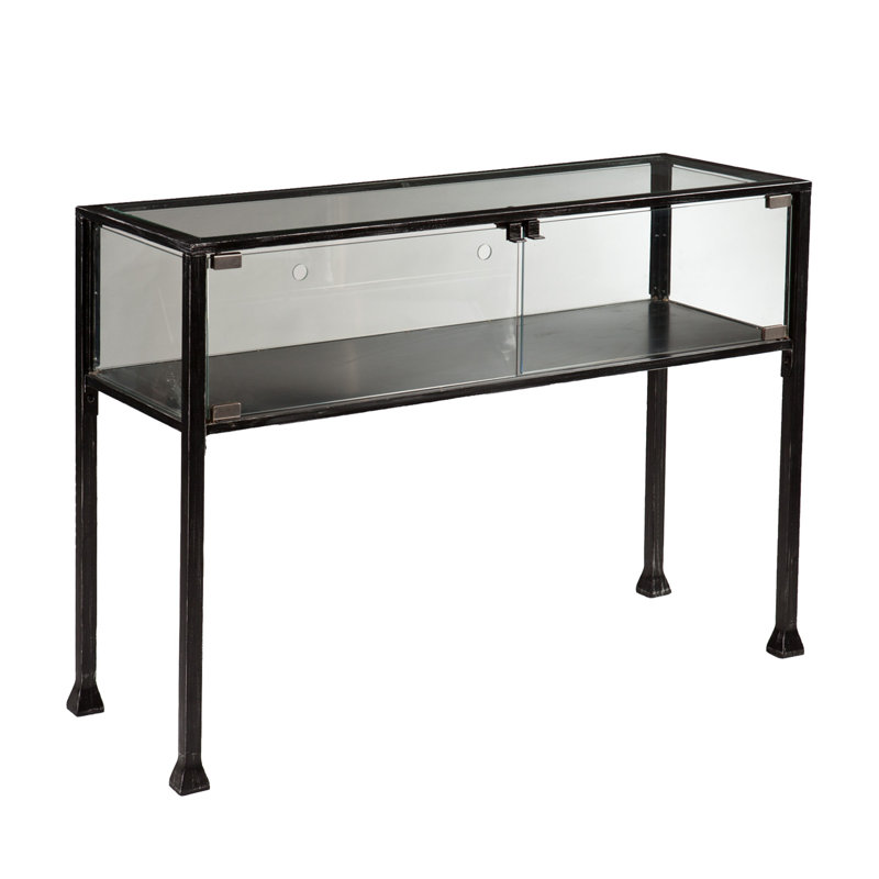 SEI Furniture Distressed 2 Door Metal Terrarium Display Console Table, Black