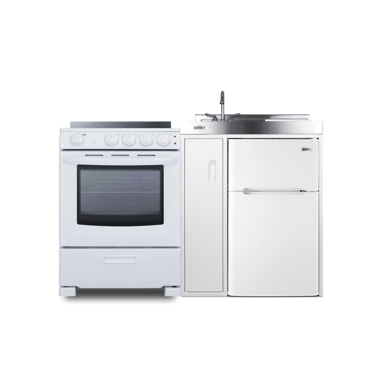 White Stainless Steel All-in-One Kitchenette with Refrigerator, Sink, and Range