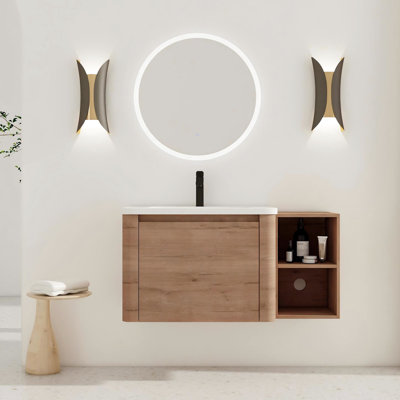 Meuble-lavabo mural contemporain de 40 po avec lavabo en céramique blanc, tablettes de rangement supplémentaires et 1 porte à fermeture en douceur, emballage Kd, contreplaqué, surface lisse facile à nettoyer, porte d'armoire arrondie