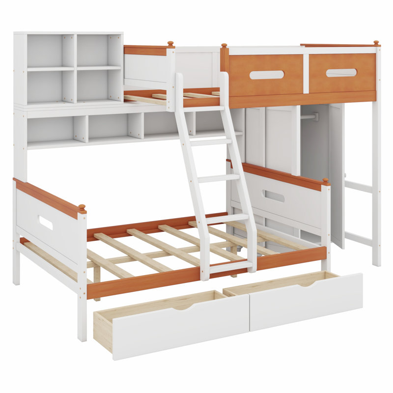 Lit superposé en bois tout-en-un avec garde-robe, tiroirs de rangement, tablettes et lumière DEL