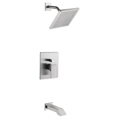 Système de douche Icon Collection: pomme de douche carrée de 8 po, bec de baignoire et soupape brute inclus - nickel brossé