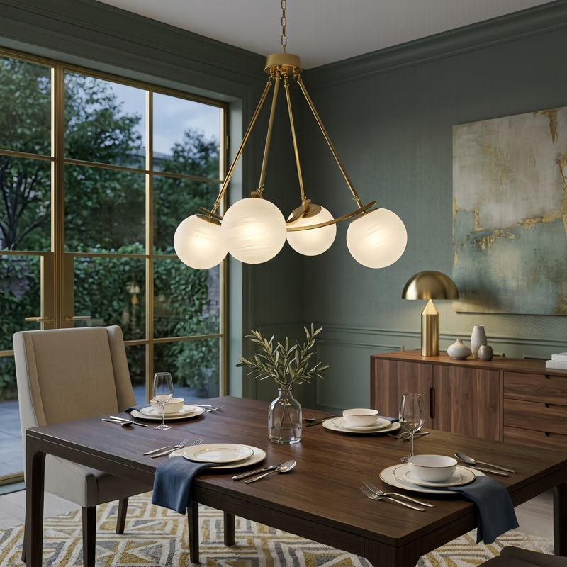 32.8" W 4-Light Modern Chandelier with Frosted Globe Glass Shades, Polished Brass