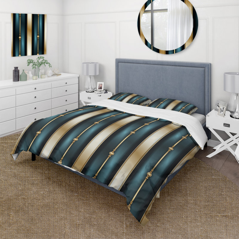 Literie rayée élégante sarcelle et dorée, Housse de couette simple + 1 taie décorative stan