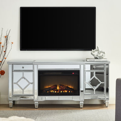 Electric Fireplace With Silver Glossy Paint, 57"X15"X25.6", Energy Efficient, Adjustable Heat, Remote Included, Overheat Protected For Home Mirror Finish, Cabinet, Saving, Flame, Protected, For