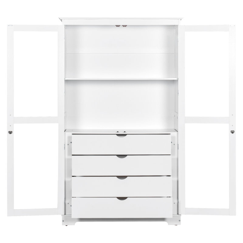 44.7" Freestanding Garage Storage Cabinet with Glass Doors, 4 Built-In Drawers & 20" Deep Shelves – Solid Pine Wood Utility Organizer