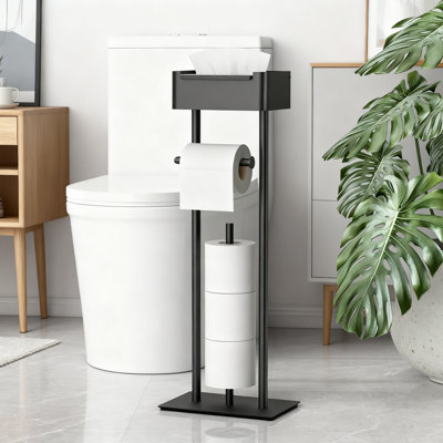Freestanding Toilet Paper Holder With Storage Shelf - No Drill Bathroom Organizer For 4 Rolls - Heavy Base Design For Maximum Stability