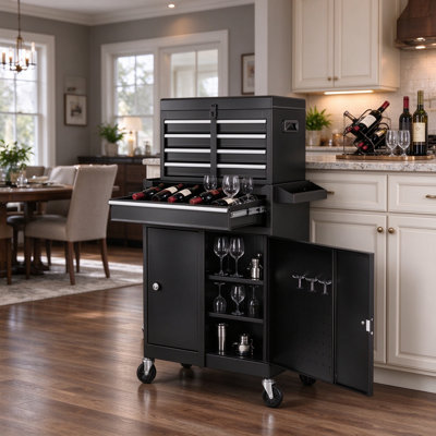 Coffre à outils roulant 2 en 1, armoire à outils amovible en métal à 5 tiroirs avec barre de verrouillage, doublure de protection et support à outils, organisateur de rangement de garage pour atelier de rangement