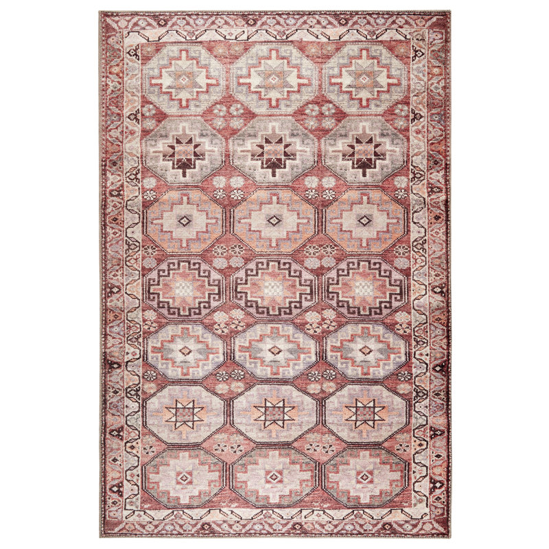 Tapis turc tissé à la machine lavable à la machine en rouge / rosé / beige, Rectangle 7 pi 6 po x 9 pi 6 po
