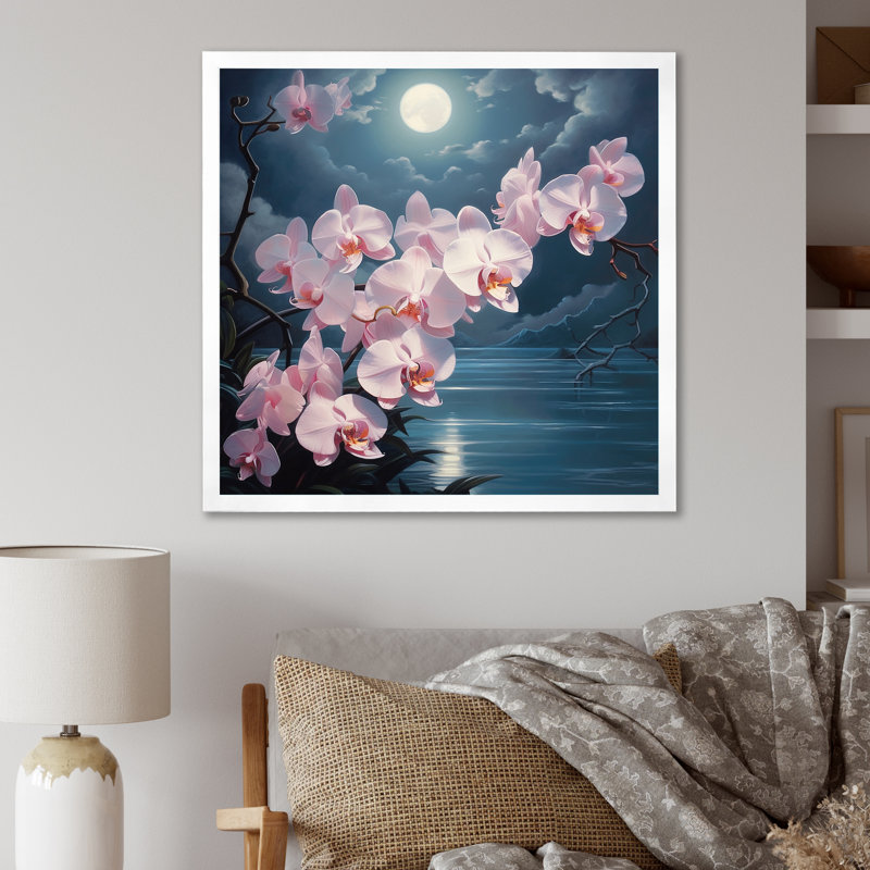 Orchidées au clair de lune, H 30 po x l 30 po x P 1 po, Cadre simple blanc