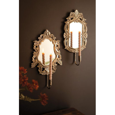 SET OF TWO RUSTIC FRAMED MIRRORS WITH TAPER CANDLE HOLDERS