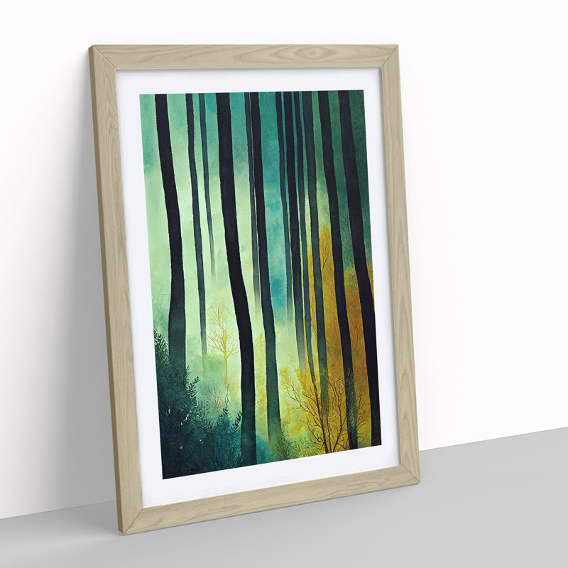 Watercolour Forest Art No.5 - Wall Art, Oak Framed Paper, 64cm H x 46cm W x 2cm D, Oak