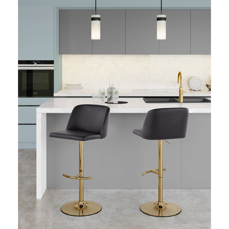Swivel Upholstered Adjustable Height Counter Stool with Metal Frame, Black, Gold