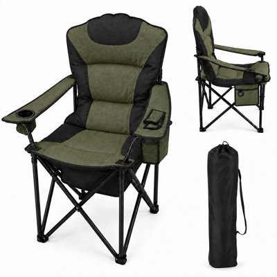 Chaise de camping portative 3 niveaux de chaleur et dossier, siège pliant alimenté par USB, noir et vert
