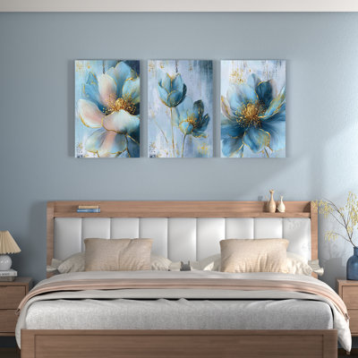 Blue Floral with Gold Accents Canvas Wrapped Wall Art, Abstract Oil Painting Print (Set of 3)