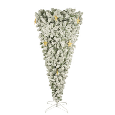 6 FT Upside Down Christmas Tree With White Flocking, 360 LED Warm Lights X-Mas And 8 Golden Star Decorations