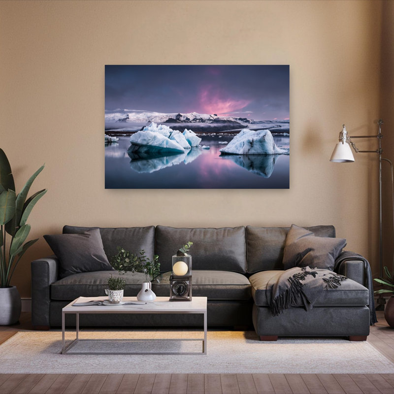 Pink Twilight Icebergs Dramatic Peaceful Serene Landscape Mountain Wall Art Print by Andreas Wonisch - Wrapped Canvas Print