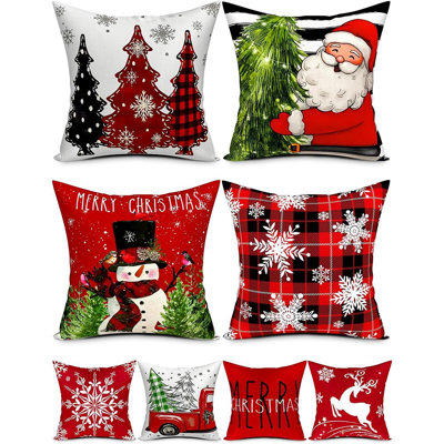 Couvre-oreiller de Noël imprimé recto-verso 18 po x 18 po, ensemble de 4, 8 motifs de Noël arbre de Noël, bonhomme de neige, flocons de neige, joyeux Noël, cerf, père Noël, camion, laissez-le-neige, matériau en lin doux