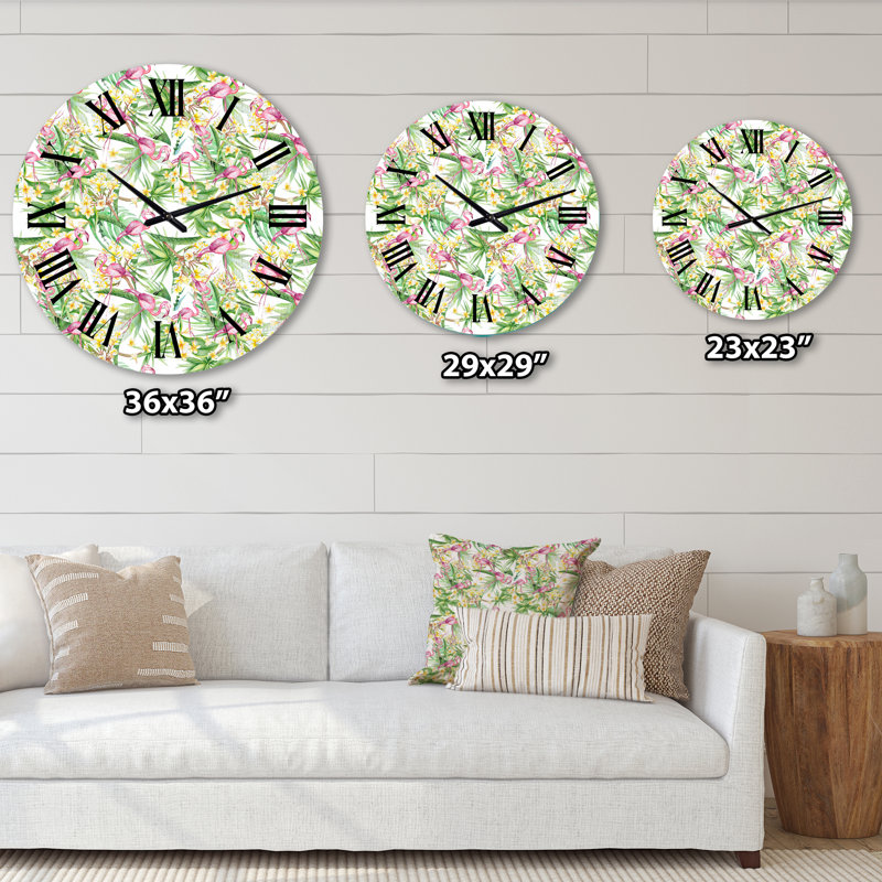 Horloge murale moderne feuillage tropical, fleurs jaunes avec flamant II, Moyenne