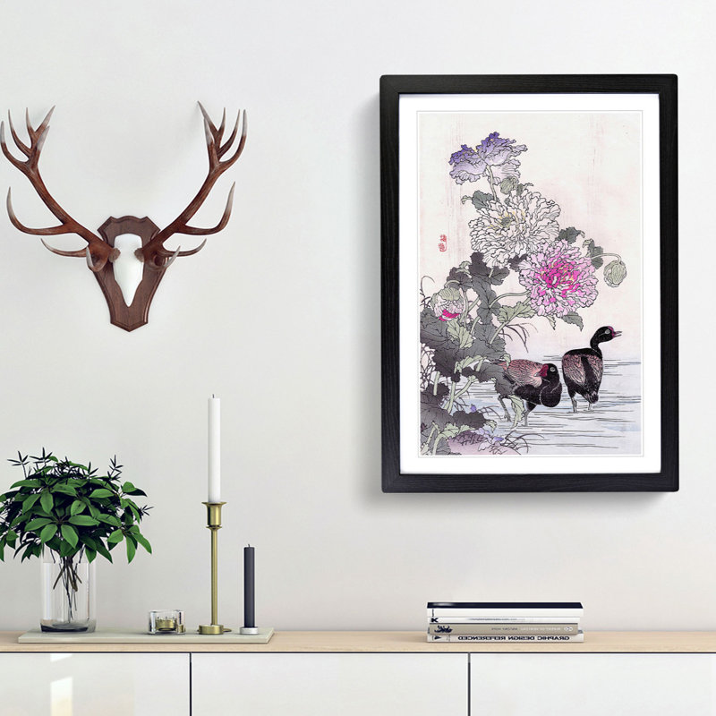 Birds by the Pond by Kono Bairei - Picture Frame Painting Print, Black Framed, 48cm H x 36cm W x 2cm D