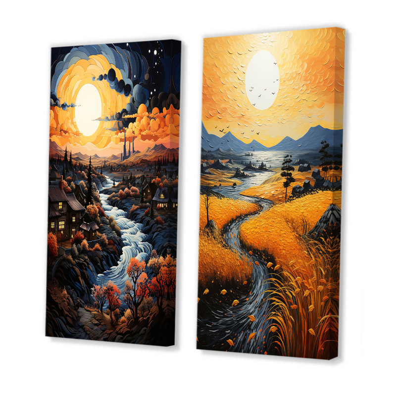 «Vangogh Village At Sunset», 2 pièces, Toile tendue, H 40 po x l 40 po