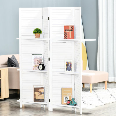White Privacy Screen, 4 Panel 67" Tall Wood With 3 Display Shelves & Folding For Office/Bedroom Shelves, Home Office/Bedroom,