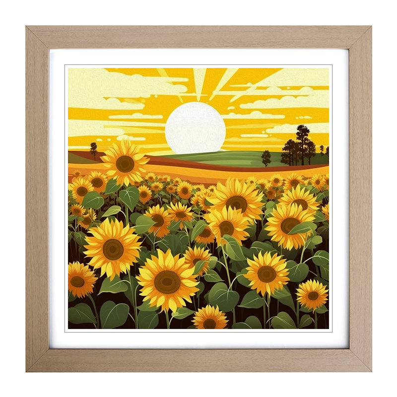 Sunflower Field Graphic Art - Framed Print, Oak