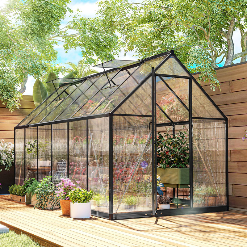 11x6 ft Polycarbonate Greenhouse with Swing Door and Two Adjustable Roof Vents, Aluminum Walk-in Greenhouse Outdoor Greenhouse for Patio Garden Backyard, Black