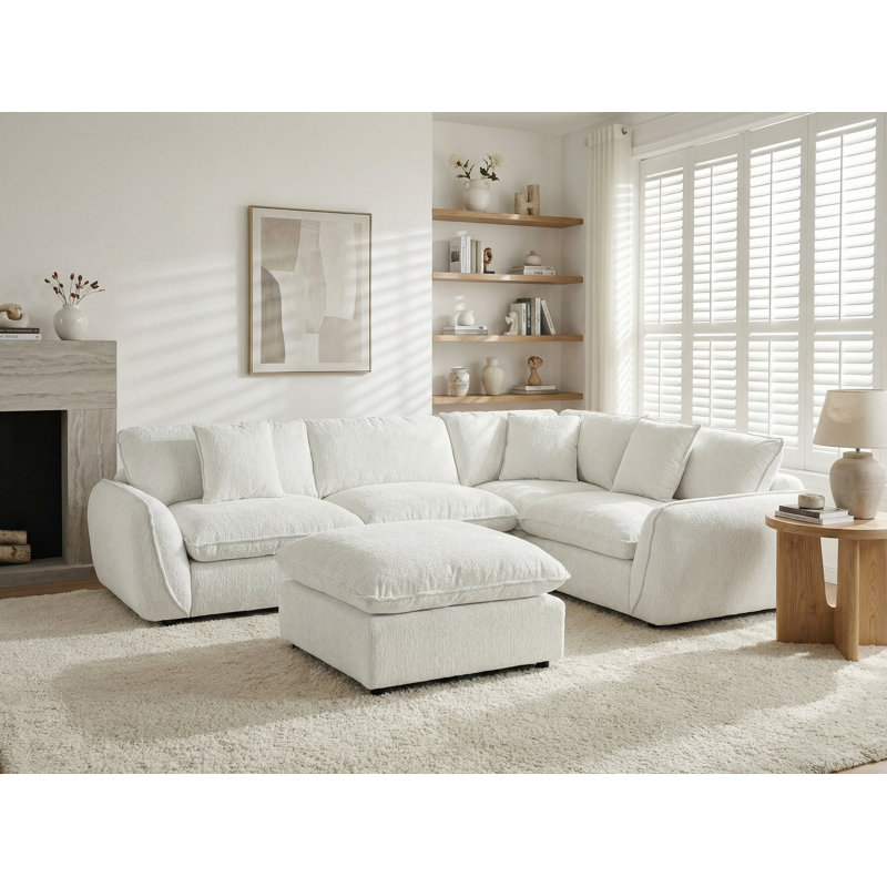 Upholstered 5 Piece Sectional Sofa Cloud Couch With Movable Ottoman, White Polyester