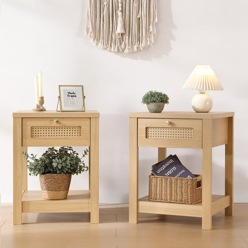 Boho Nightstand with Drawer and Shelf, Natural
