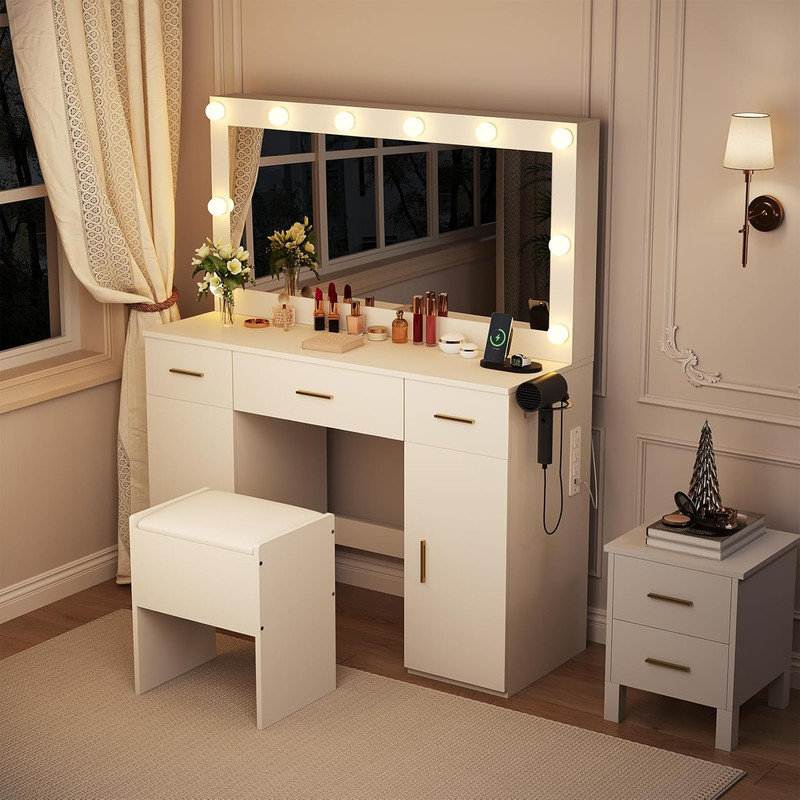 Bureau de coiffeuse avec miroir et lumières, grande coiffeuse avec prise de courant et tabouret